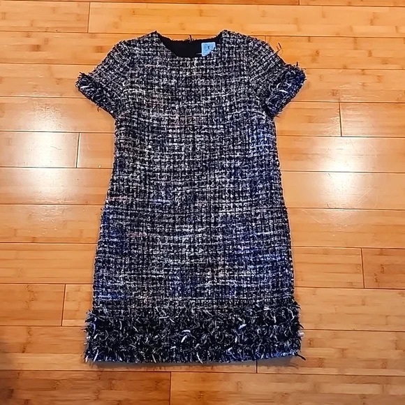 CeCe Tweed Black Gray Multicolor Fringe Hem Cap Sleeve Boucle Shift Mini Dress - Picture 4 of 4